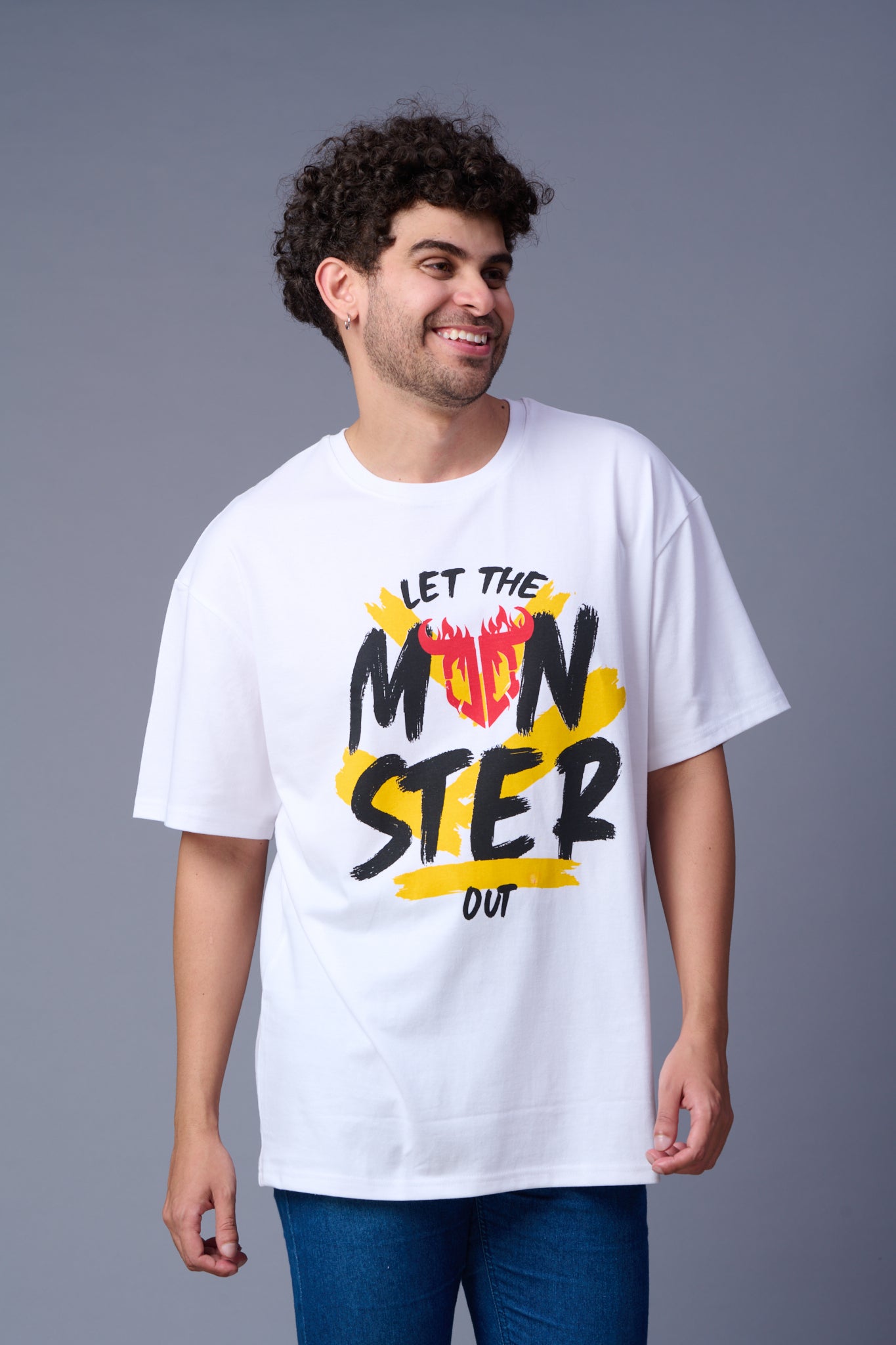 Let The Monster Out Printed White Oversized T-Shirt for Men