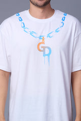 GD in Chain Printed White Oversized T-Shirt for Men