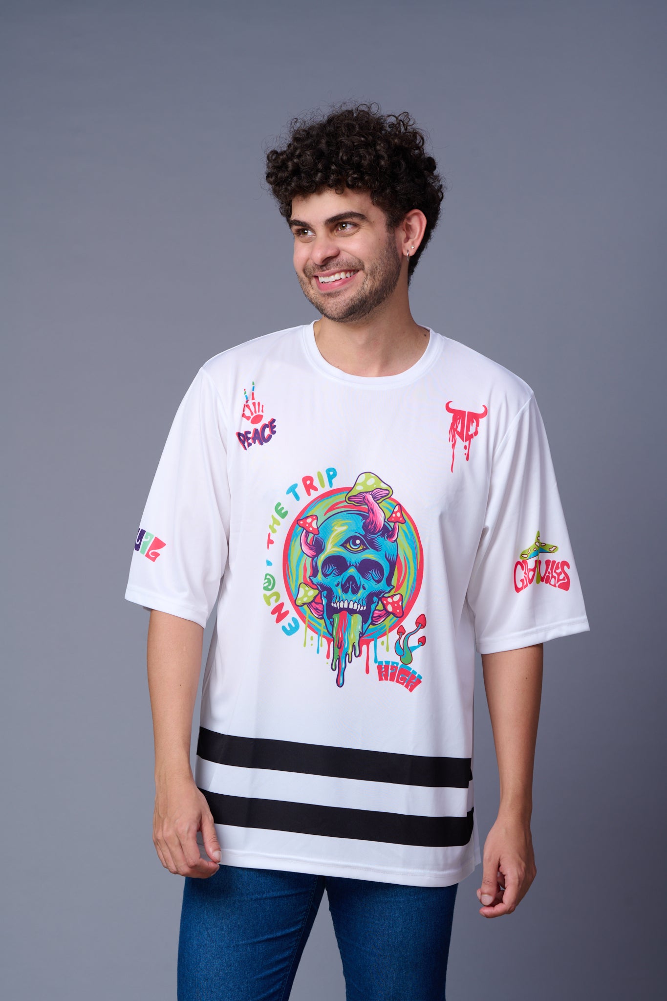 Skull With Enjoy The Trip Printed White Oversized Jersey T-Shirt for Men