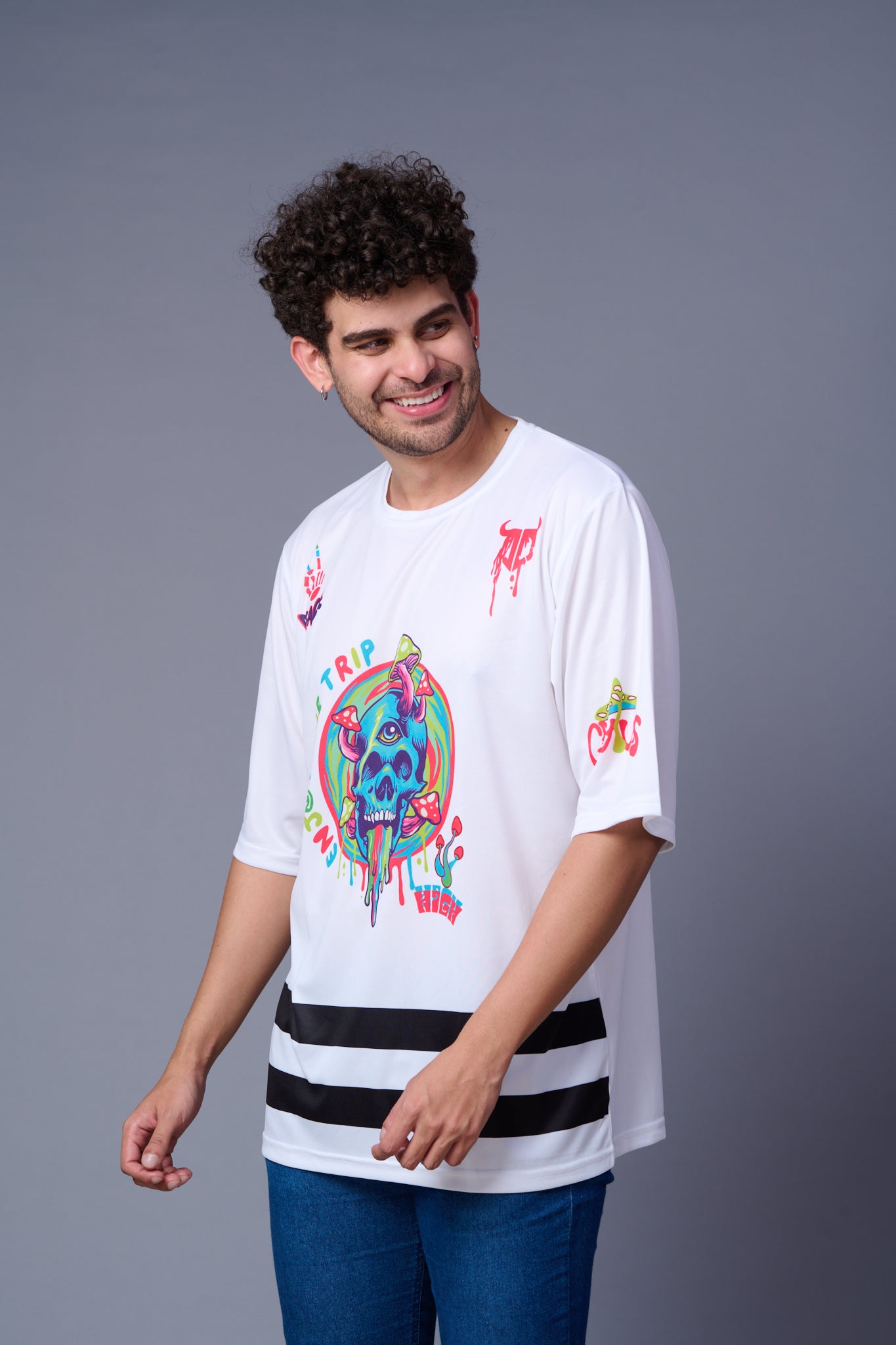 Skull With Enjoy The Trip Printed White Oversized Jersey T-Shirt for Men