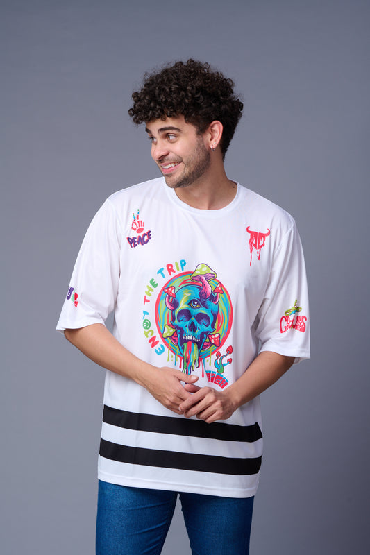 Skull With Enjoy The Trip Printed White Oversized Jersey T-Shirt for Men