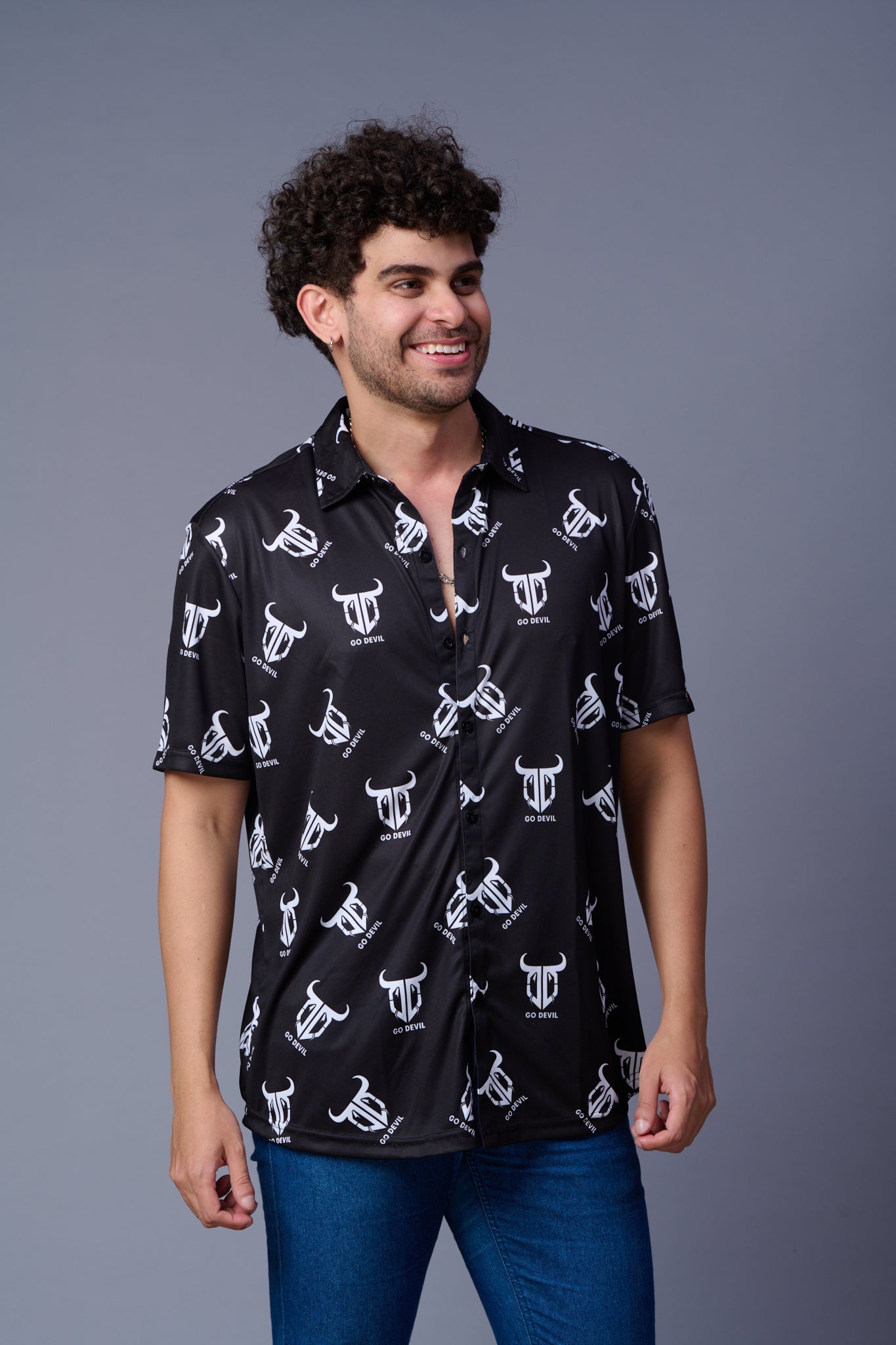 Go Devil in White Printed Black Shirt for Men