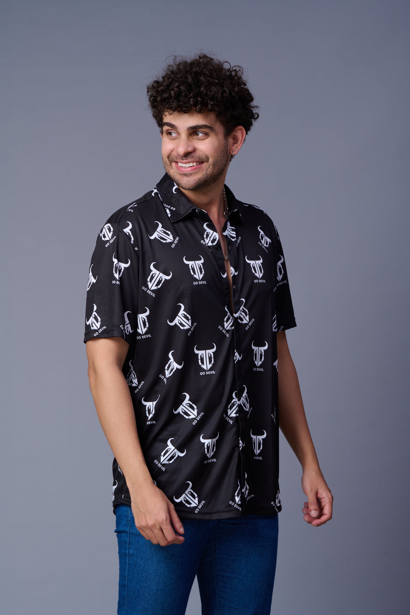 Go Devil in White Printed Black Shirt for Men