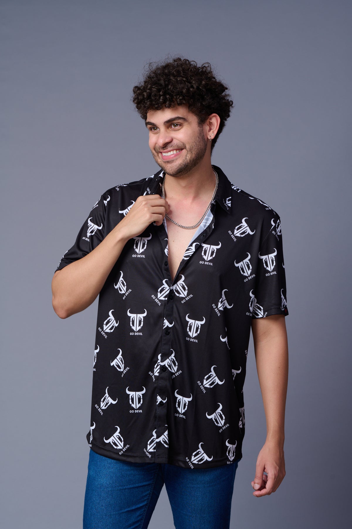 Go Devil in White Printed Black Shirt for Men