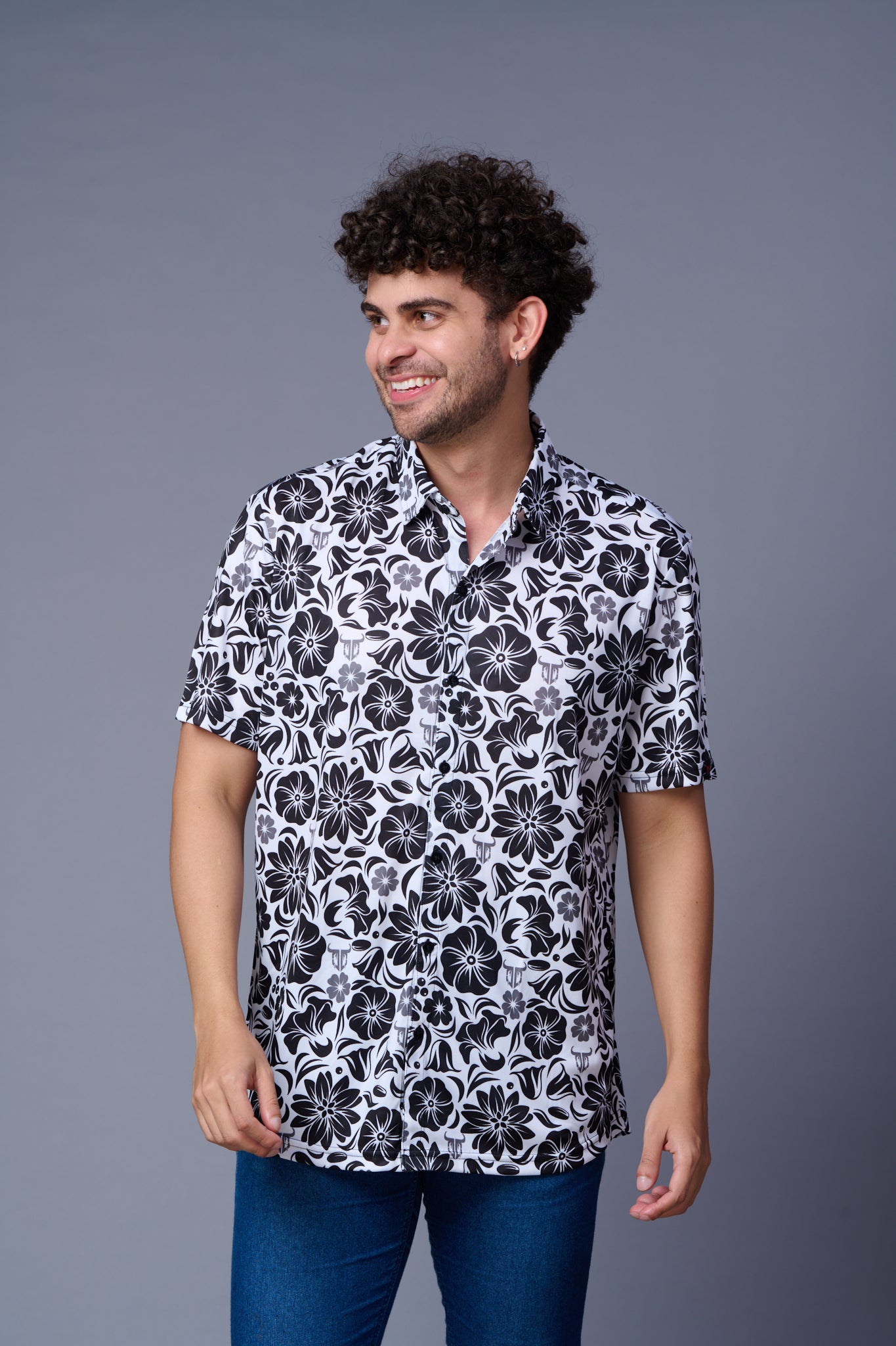 Flower in Black Printed White Shirt for Men