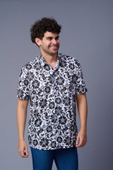 Flower in Black Printed White Shirt for Men