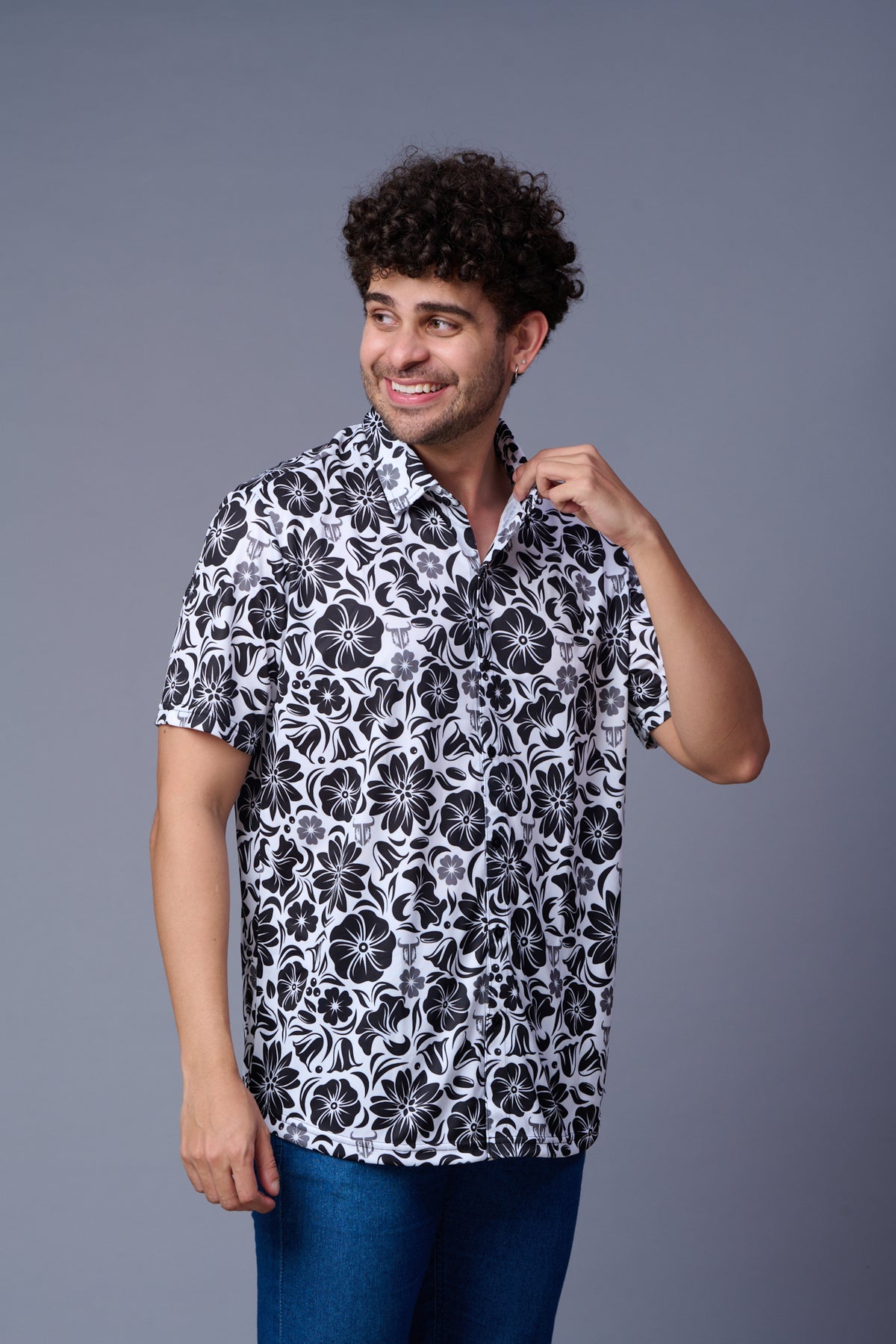 Flower in Black Printed White Shirt for Men