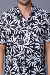 Flower in White Printed Black Shirt for Men