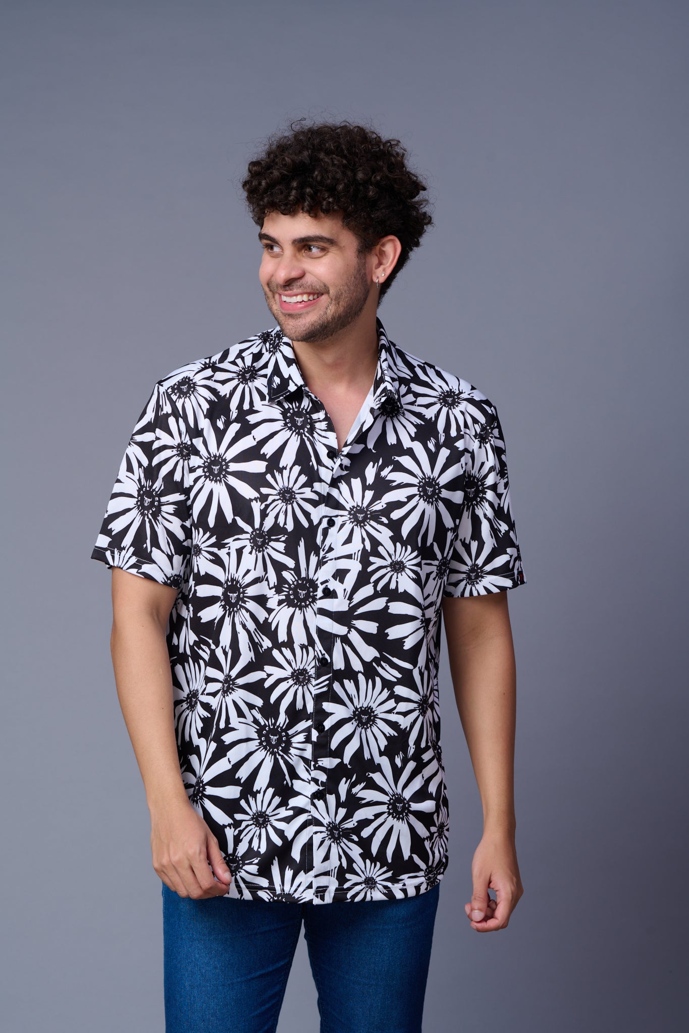 Flower in White Printed Black Shirt for Men