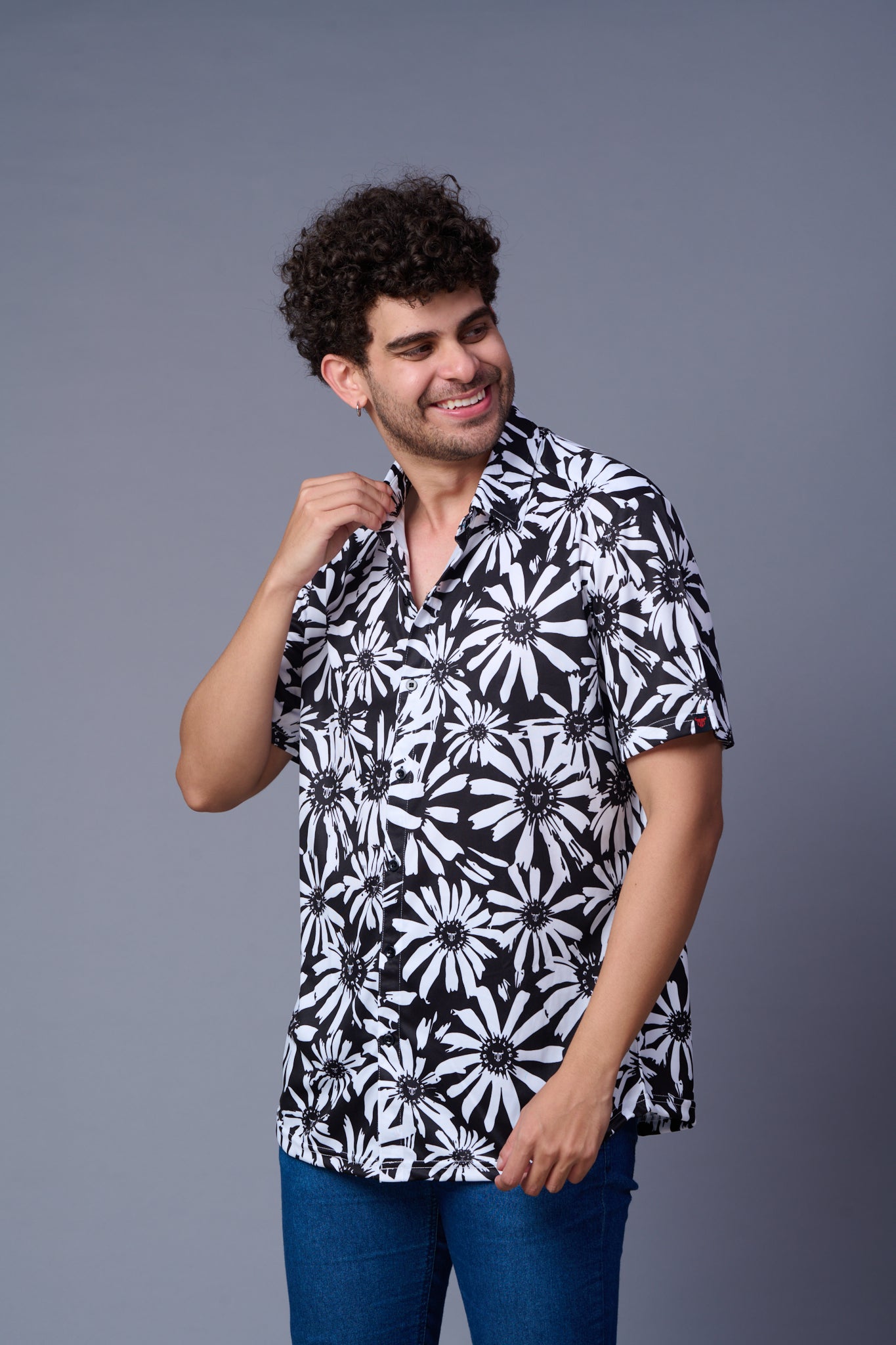 Flower in White Printed Black Shirt for Men