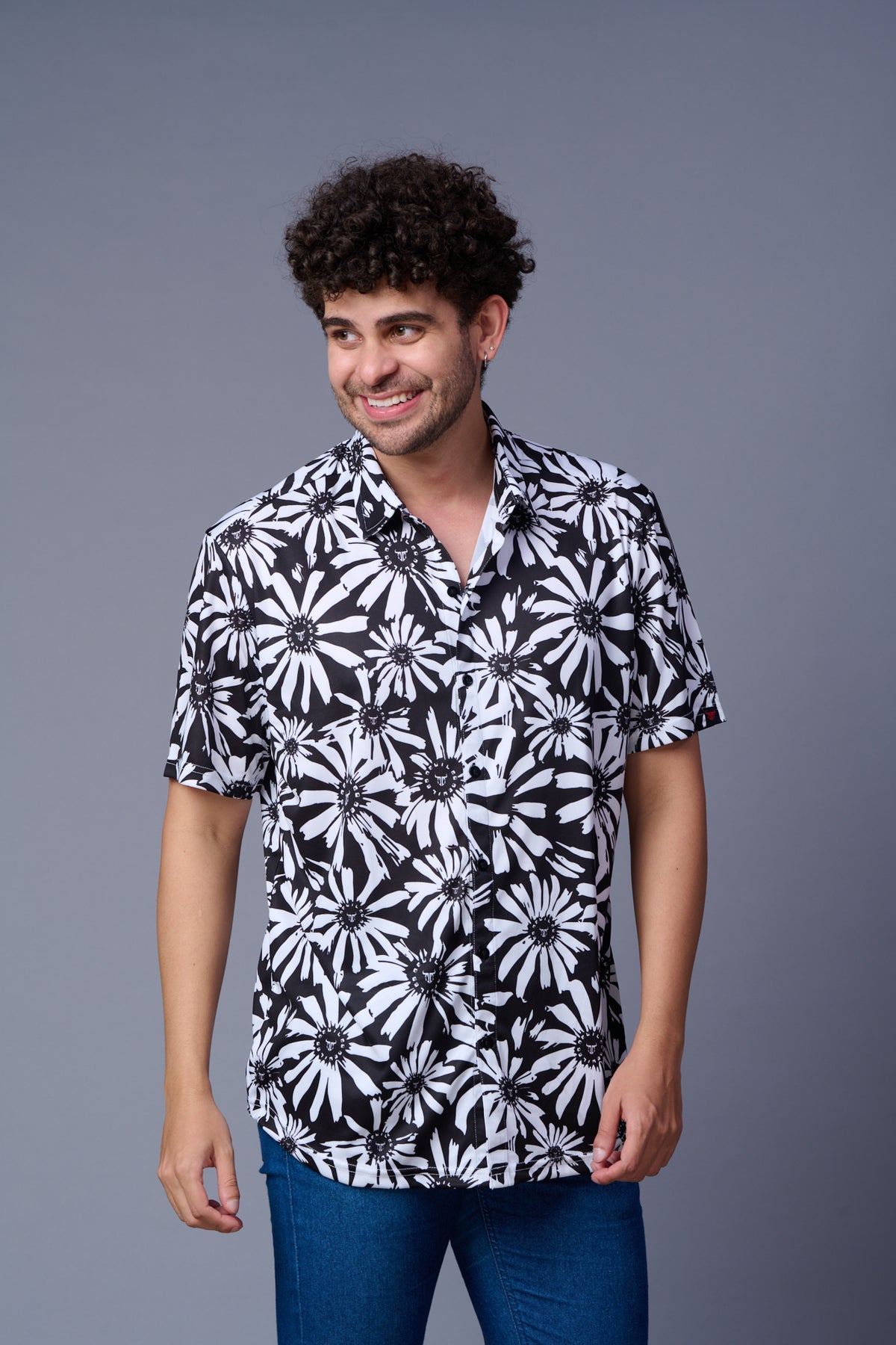 Flower in White Printed Black Shirt for Men