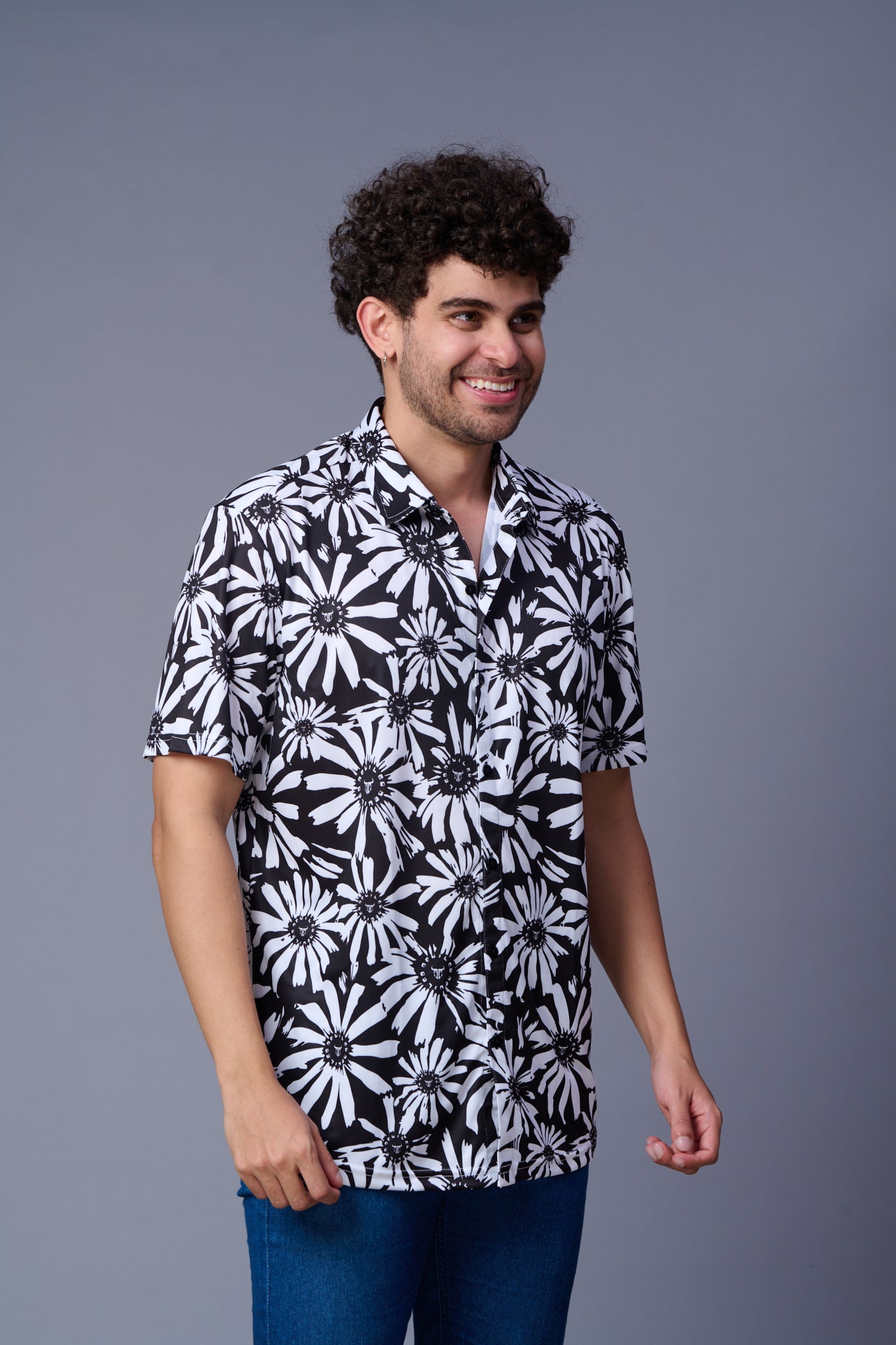 Flower in White Printed Black Shirt for Men