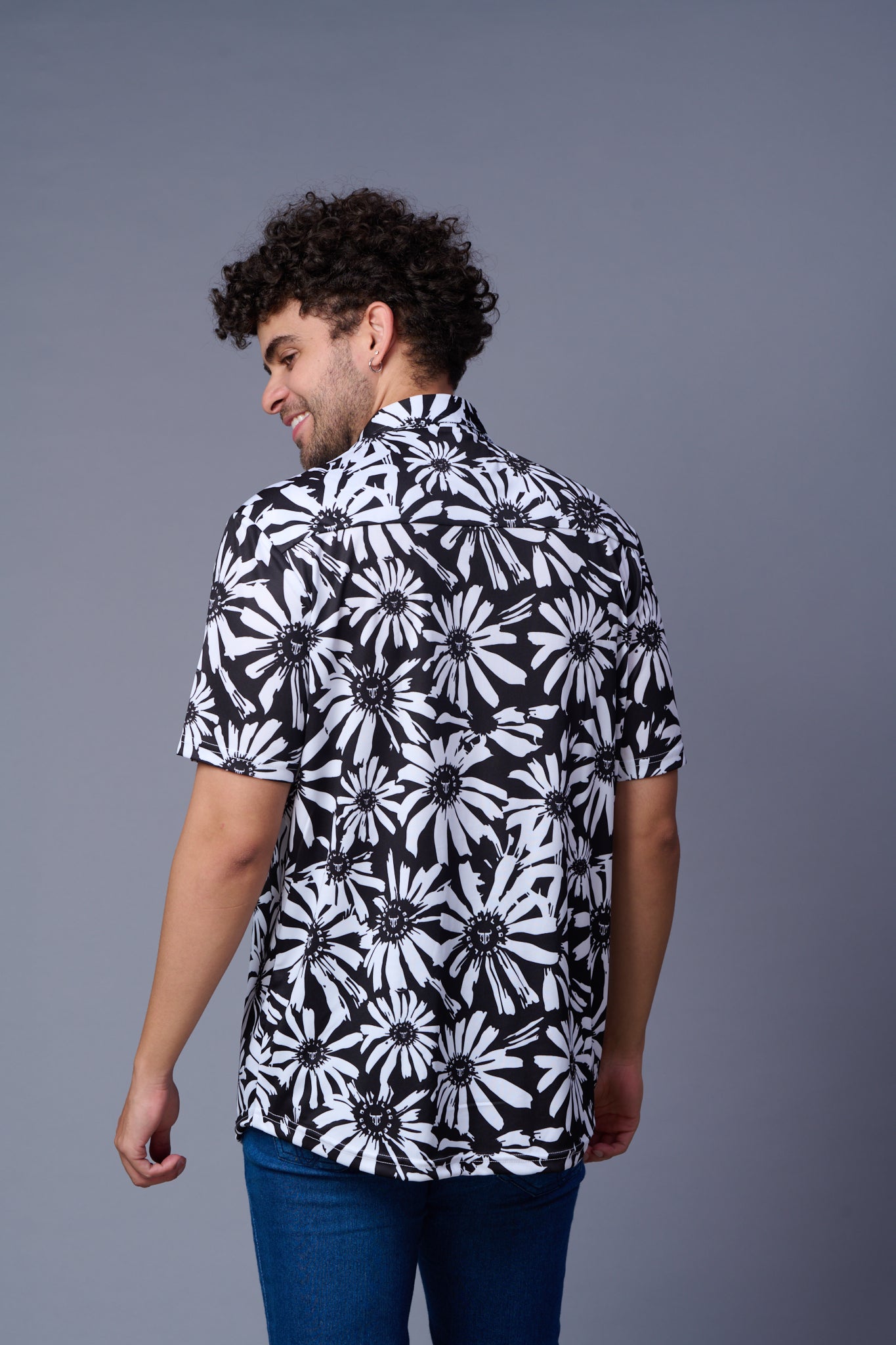 Flower in White Printed Black Shirt for Men