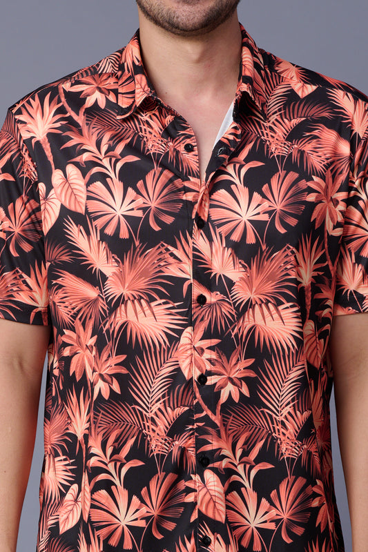 Leaf Printed Black Shirt for Men