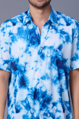 Tie Dye Design Printed White & Blue Shirt for Men