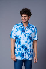 Tie Dye Design Printed White & Blue Shirt for Men