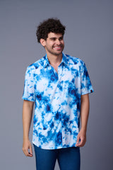 Tie Dye Design Printed White & Blue Shirt for Men