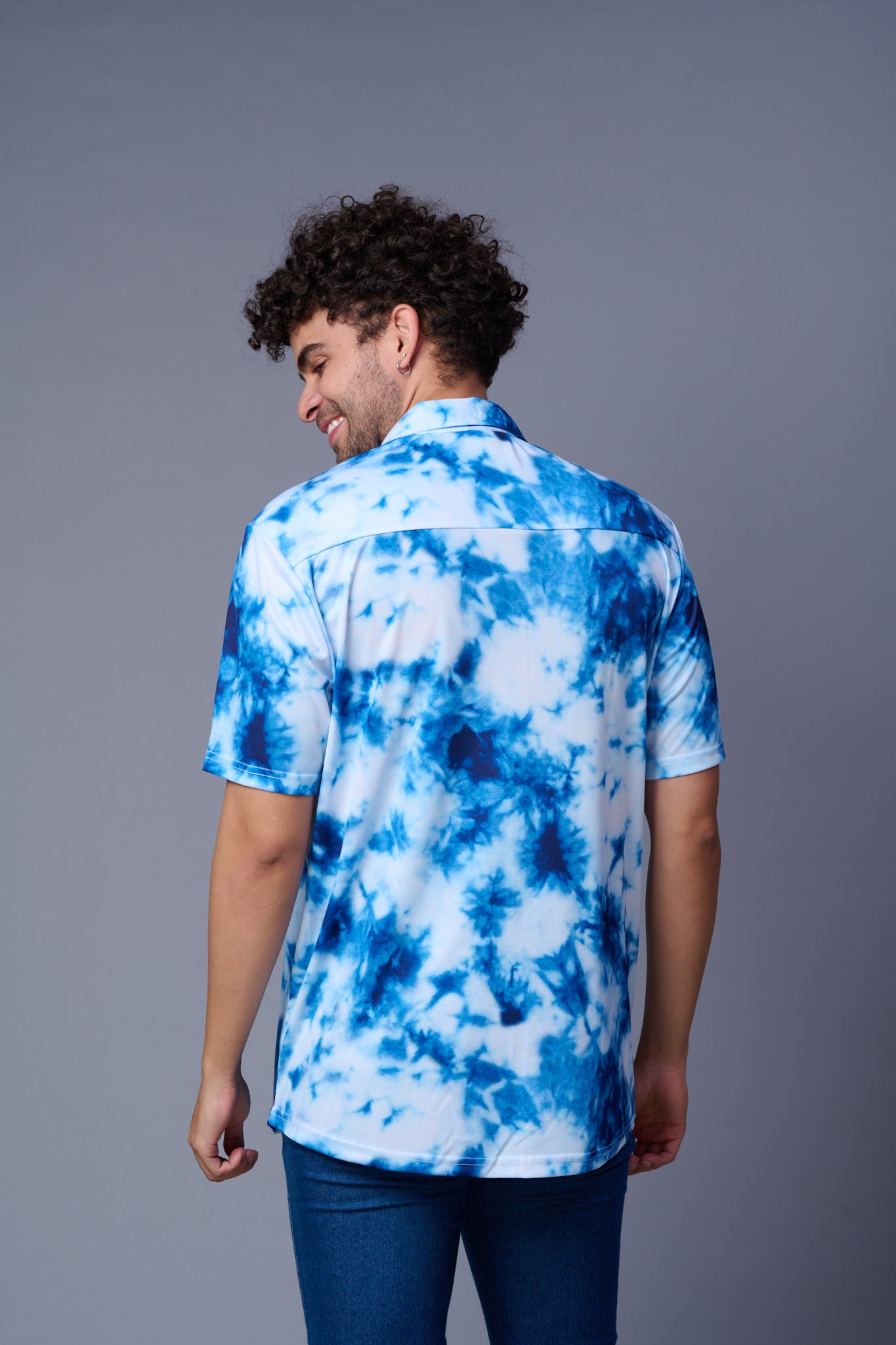 Tie Dye Design Printed White & Blue Shirt for Men