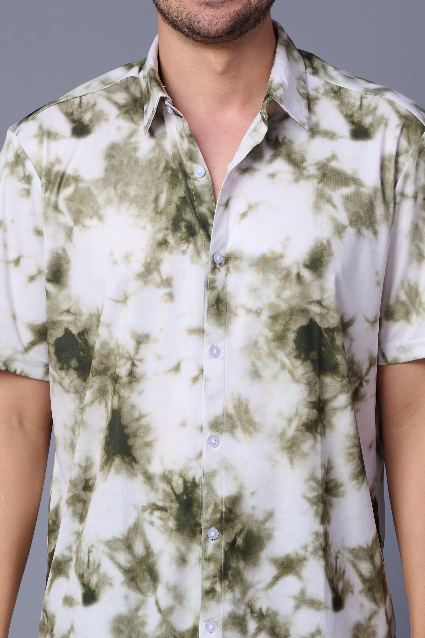 Tie Dye Design Printed White & Green Shirt for Men