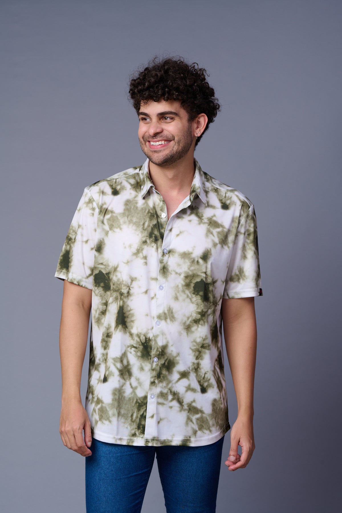 Tie Dye Design Printed White & Green Shirt for Men