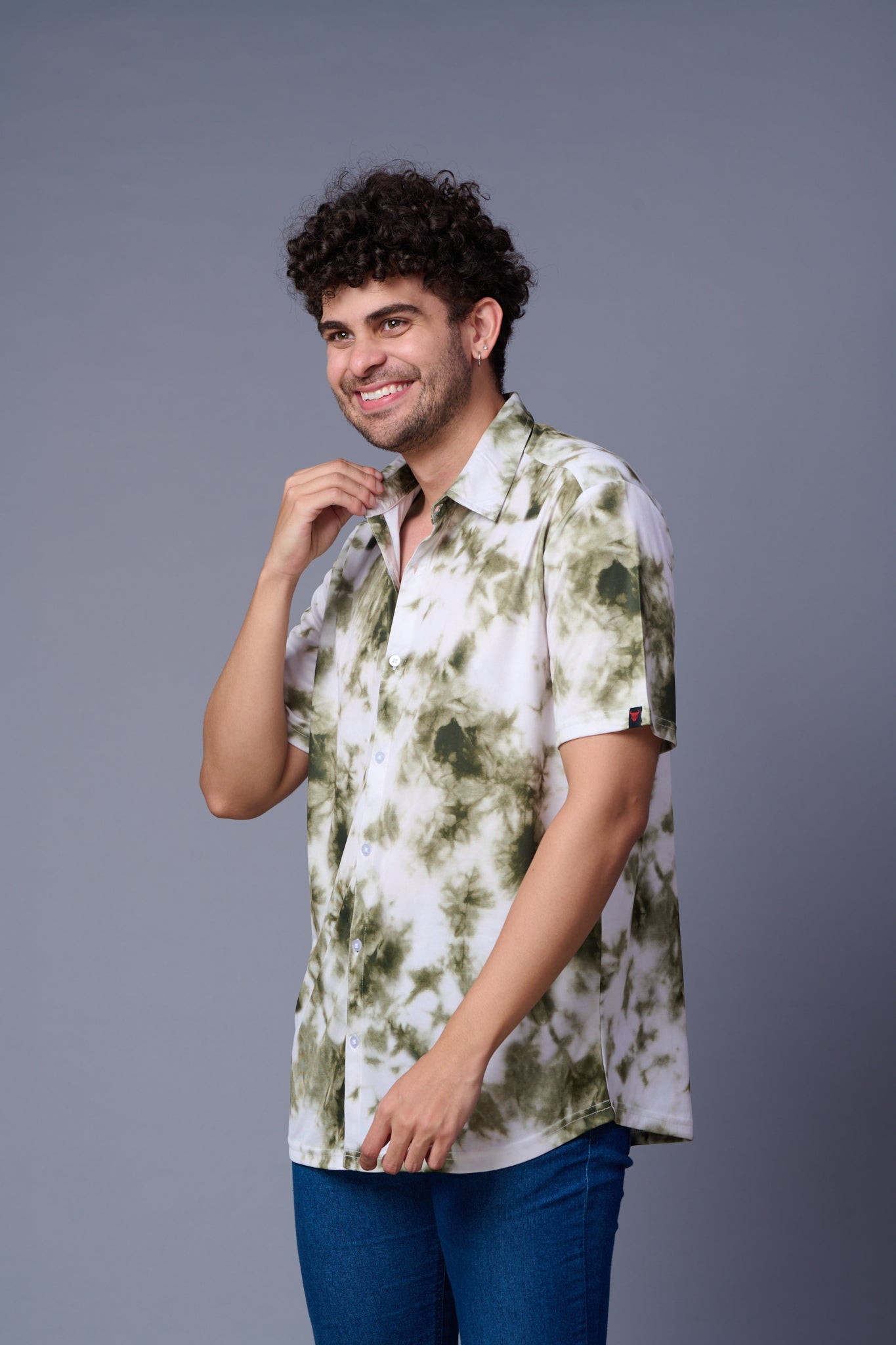 Tie Dye Design Printed White & Green Shirt for Men