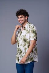Tie Dye Design Printed White & Green Shirt for Men