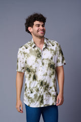 Tie Dye Design Printed White & Green Shirt for Men