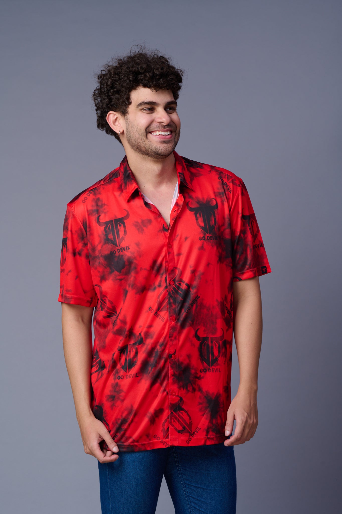 Tie Dye Design Printed Black & Red Shirt for Men