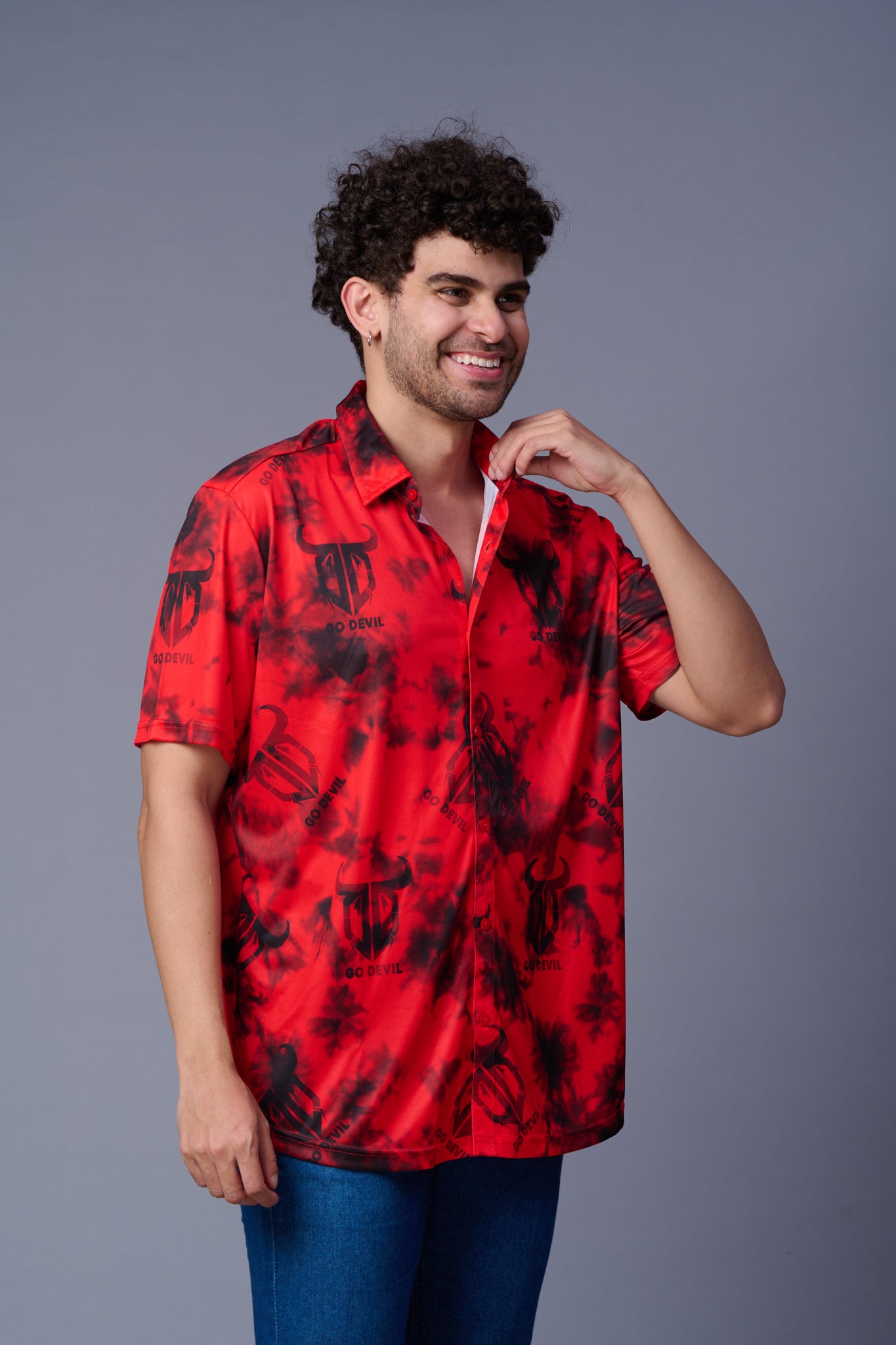 Tie Dye Design Printed Black & Red Shirt for Men