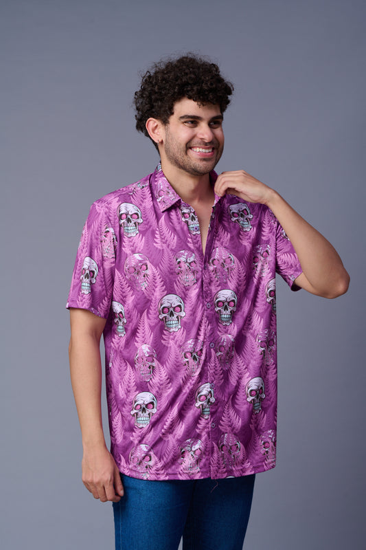Leaf and Skull Printed Purple Shirt for Men