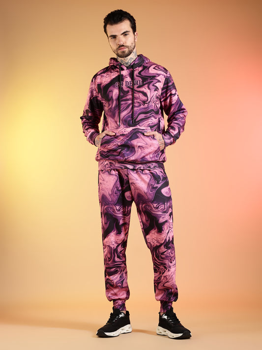 Go Devil Pink Marble Print Hooded Co-Ord Set for Men