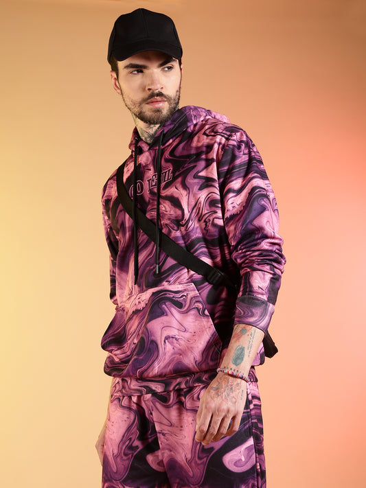 Go Devil Pink Marble Print Hooded Co-Ord Set for Men