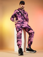Go Devil Pink Marble Print Hooded Co-Ord Set for Men