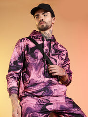 Go Devil Pink Marble Print Hooded Co-Ord Set for Men