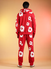 Go Devil White Floral Printed Red Hooded Co-ord Set For Men
