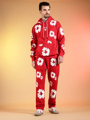 Go Devil White Floral Printed Red Hooded Co-ord Set For Men