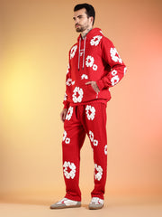 Go Devil White Floral Printed Red Hooded Co-ord Set For Men