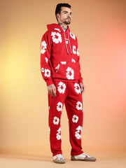Go Devil White Floral Printed Red Hooded Co-ord Set For Men