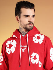 Go Devil White Floral Printed Red Hooded Co-ord Set For Men