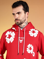 Go Devil White Floral Printed Red Hooded Co-ord Set For Men