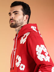 Go Devil White Floral Printed Red Hooded Co-ord Set For Men