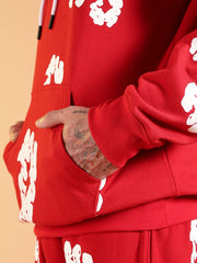 Go Devil White Floral Printed Red Hooded Co-ord Set For Men