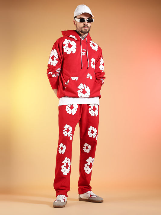 Go Devil White Floral Printed Red Hooded Co-ord Set For Men