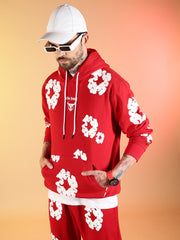 Go Devil White Floral Printed Red Hooded Co-ord Set For Men