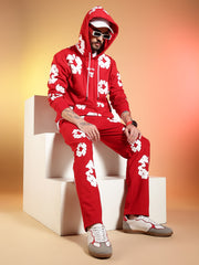 Go Devil White Floral Printed Red Hooded Co-ord Set For Men