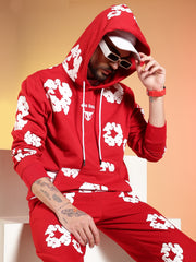 Go Devil White Floral Printed Red Hooded Co-ord Set For Men