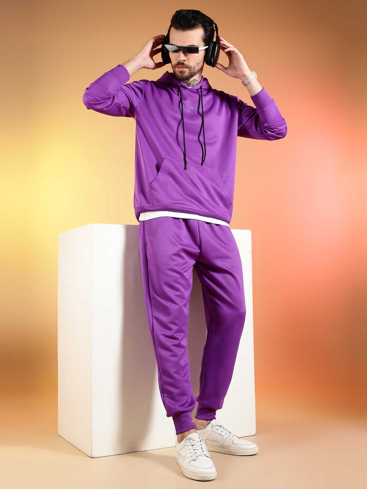 Go Devil Printed Purple Hooded Co-Ord Set for Men