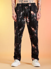 Go Devil Beige Abstract Print Black Hooded Co-Ord Set for Men