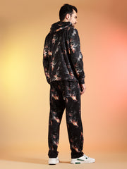 Go Devil Beige Abstract Print Black Hooded Co-Ord Set for Men