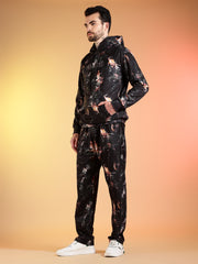 Go Devil Beige Abstract Print Black Hooded Co-Ord Set for Men